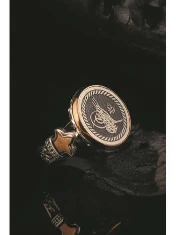 Osmanlı Tuğra İşlemeli Kenarları Motifli 925 Ayar Erkek Gümüş Yüzük GYZOTTOMANT-GMS