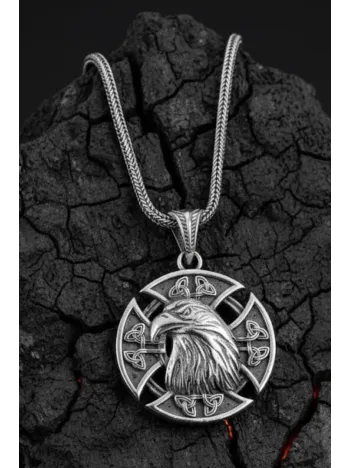 Erkek Gümüş Kolye - 925 Ayar Kabartmalı Kartal Kafası Motifli Tilki Kuyruğu Zincirli Erkek Kolye