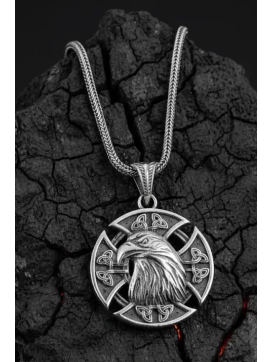 Erkek Gümüş Kolye - 925 Ayar Kabartmalı Kartal Kafası Motifli Tilki Kuyruğu Zincirli Erkek Kolye