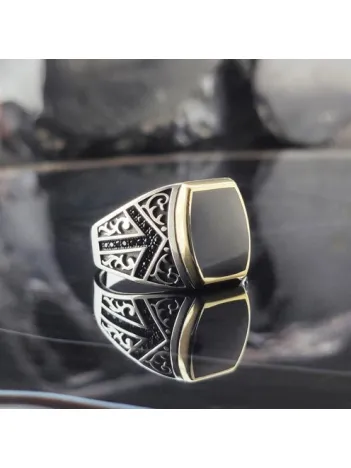 Mikro Taşlı Siyah Mineli Erkek Gümüş Yüzük  GYZGMSGUMSO