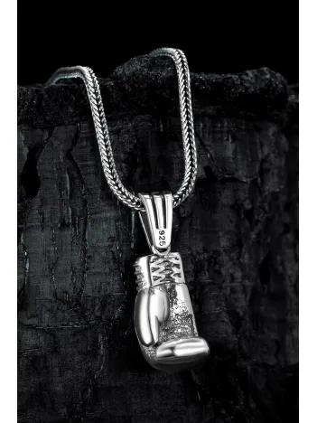 Erkek Gümüş Kolye - Tek Boks Eldiveni Tilki Kuyruğu Zincir Erkek Kolye