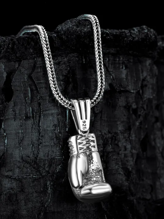 Erkek Gümüş Kolye - Tek Boks Eldiveni Tilki Kuyruğu Zincir Erkek Kolye