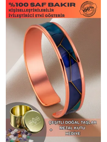 Kadın Bakır Bileklik - Diana Model Özel Baskı Metal Kutu Ve Doğal Taşlar