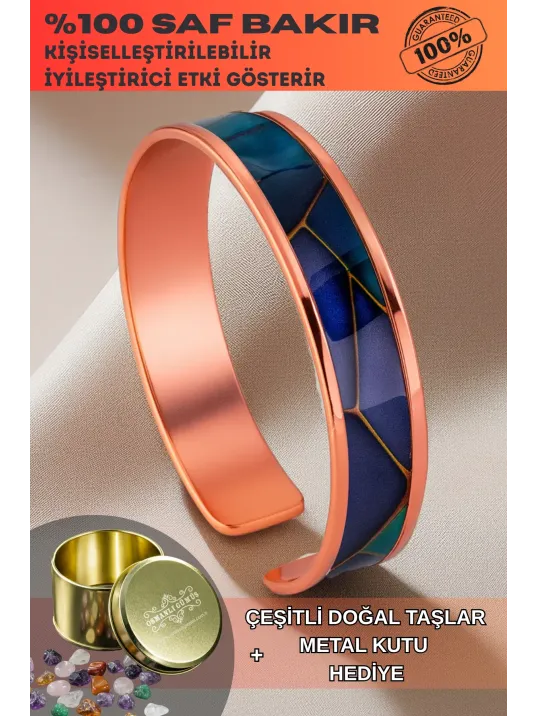 Kadın Bakır Bileklik - Diana Model Özel Baskı Metal Kutu Ve Doğal Taşlar