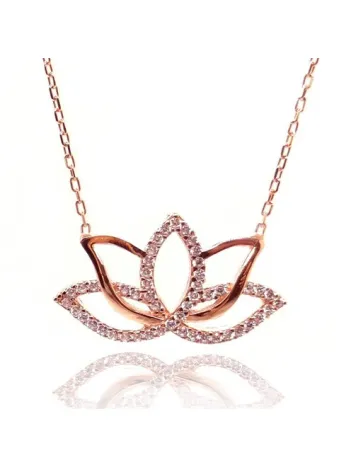 Bayan 925 Ayar Gümüş Roze Zirkon Taşlı Lotus Kolye GKLROSLOTUS