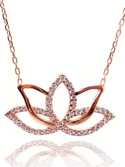 Bayan 925 Ayar Gümüş Roze Zirkon Taşlı Lotus Kolye GKLROSLOTUS