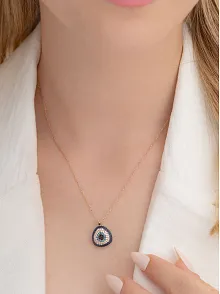 Zirkon Ve Turkuaz Taşlı Damla Model Nazar Boncuğu Gümüş Kolye