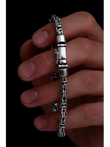 Erkek Gümüş Bileklik - 5.2 mm Özel Kilit Tasarımlı Yuvarlak Kesim Kral Model Gümüş Bileklik