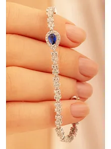 Kadın Gümüş Bileklik - Safir Taşlı Damla Model Zirkon Süslemeli Kadın Bileklik