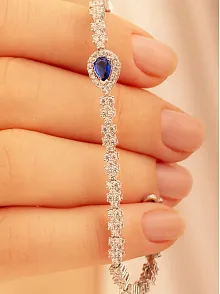 Kadın Gümüş Bileklik - Safir Taşlı Damla Model Zirkon Süslemeli Kadın Bileklik
