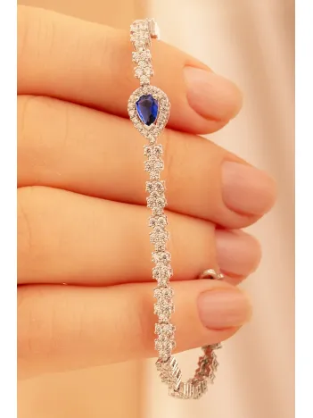 Kadın Gümüş Bileklik - Safir Taşlı Damla Model Zirkon Süslemeli Kadın Bileklik