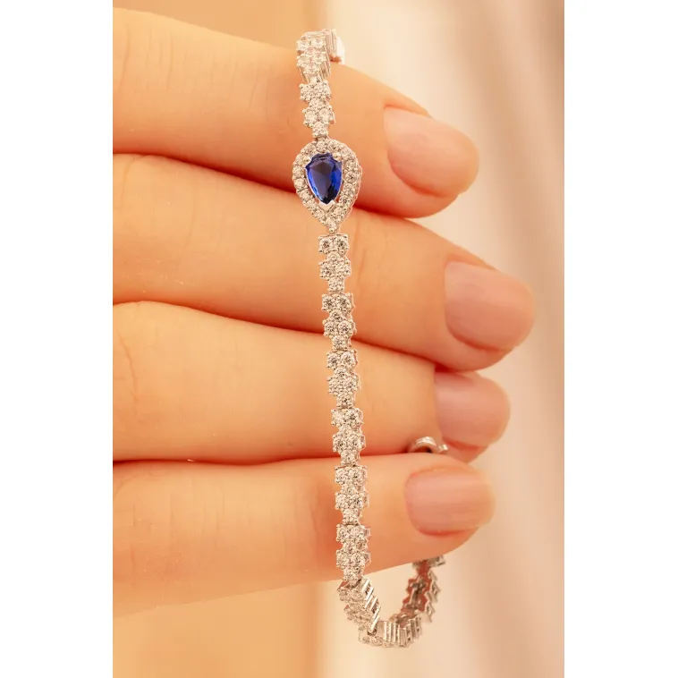 Kadın Gümüş Bileklik - Safir Taşlı Damla Model Zirkon Süslemeli Kadın Bileklik Kadın Gümüş Bileklik - Safir Taşlı Damla Model Zirkon Süslemeli Kadın Bileklik