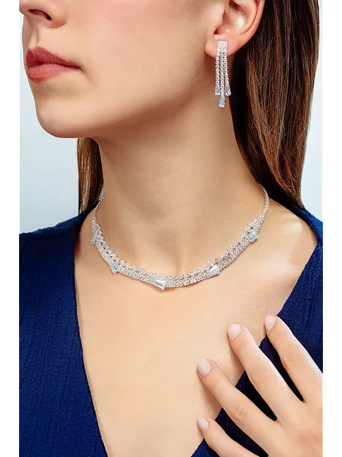 Kadın Bijuteri Kolye Küpe Set - Alexia Model Baget ve Zirkon Taşlı Zarif Su Yolu Set
