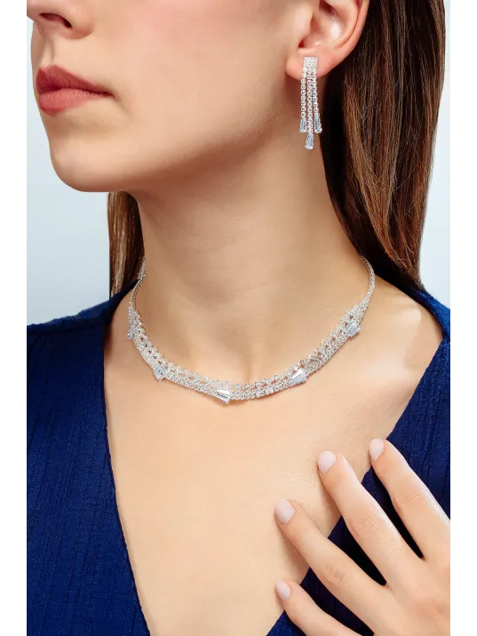 Kadın Bijuteri Kolye Küpe Set - Alexia Model Baget ve Zirkon Taşlı Zarif Su Yolu Set