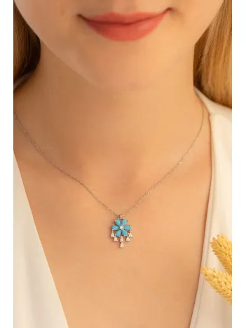 Kadın Gümüş Kolye - Zirkon Taşlı Ve Turkuaz Taşlı Çiçek Motifli Gümüş Kolye