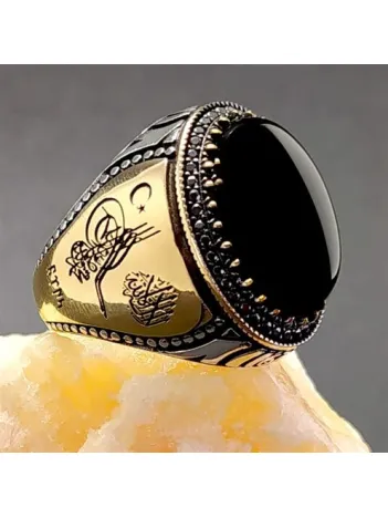 Ay Yıldız Tuğra ve Türk Yazılı Oniks Taşlı Gümüş Erkek Yüzük