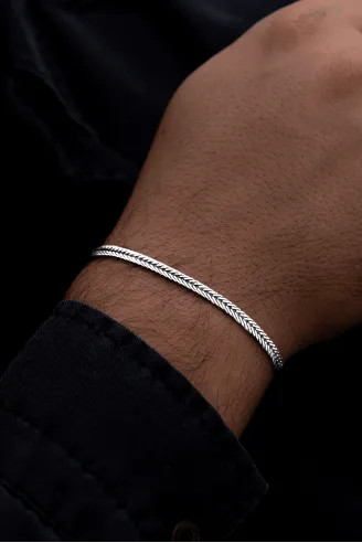 Erkek Gümüş Bileklik - 3.5mm Yassı Beyaz Tilki Kuyruğu Zincir Gümüş Erkek Bileklik