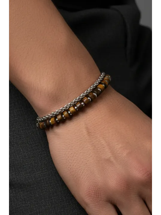 Erkek Çelik Bileklik - 2 Sıra Kahverengi Renkli Yuvarlak Kral Zincir Erkek Bileklik