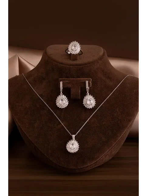 Kadın Gümüş Set - Damla Model Zirkon Taşlı Baget Süslemeli Rodyumlu Kadın Set