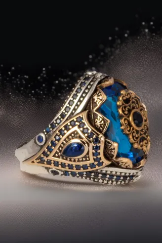 Erkek Mavi Topaz Taşlı Kalem İşlemeli Zirkon Taşlı 925 Ayar Gümüş Yüzük