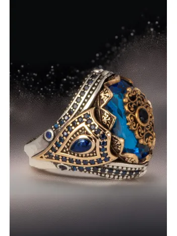 Erkek Mavi Topaz Taşlı Kalem İşlemeli Zirkon Taşlı 925 Ayar Gümüş Yüzük