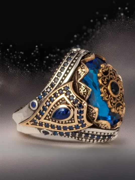 Erkek Mavi Topaz Taşlı Kalem İşlemeli Zirkon Taşlı 925 Ayar Gümüş Yüzük
