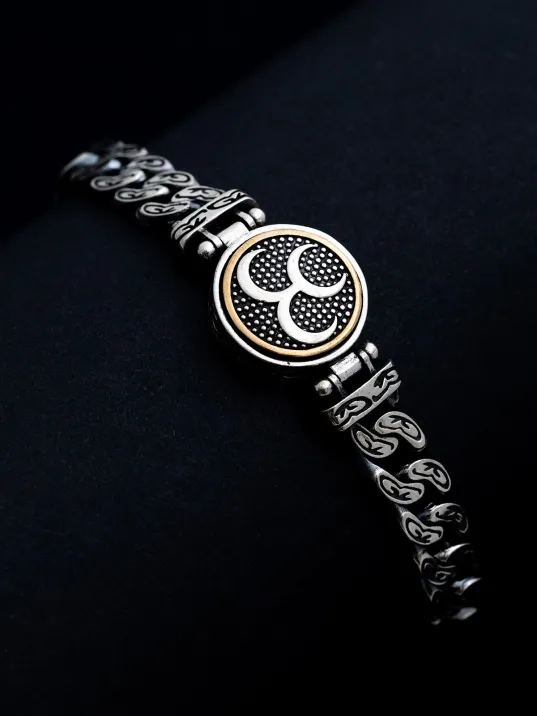 Erkek Gümüş Bileklik - Ortası Dönen Üç Hilal Model Gurmet Zincir Gümüş Bileklik Künye