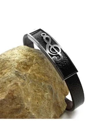 Sol Anahtarı Motif Suni Deri Çelik Erkek Bileklik CBLSOLANHTR-SYH