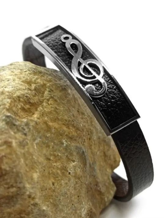 Sol Anahtarı Motif Suni Deri Çelik Erkek Bileklik CBLSOLANHTR-SYH