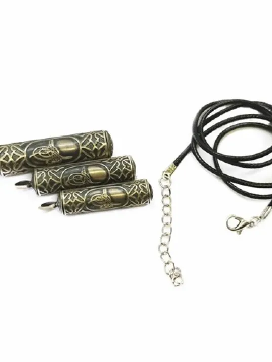 Erkek Gümüş Kolye -  Tuğralı Silindir Yuvarlak Gümüş Muska Haznesi Deri Kolye Hediyeli Orta