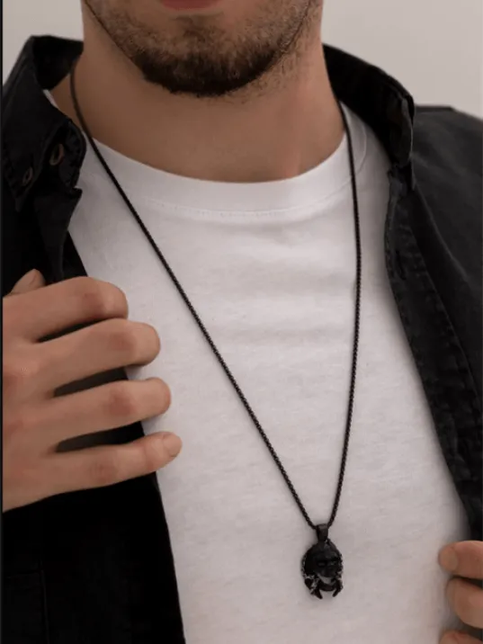 Erkek Kolye - Şovalye Kuru Kafa Model Erkek Çelik Kolye - 316 L Paslanmaz Çelik