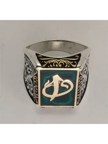 Vav Elif Yeşil Mineli Gümüş Erkek Yüzük