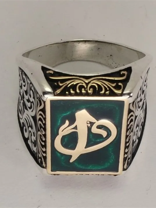 Vav Elif Yeşil Mineli Gümüş Erkek Yüzük