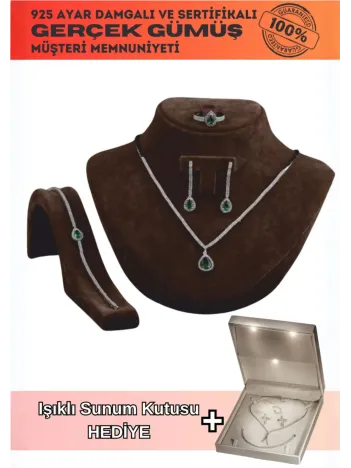 Venessa Bayan Zümrüt Taşlı Gümüş Su Yolu Set - Kolye, Bileklik, Küpe, Yüzük