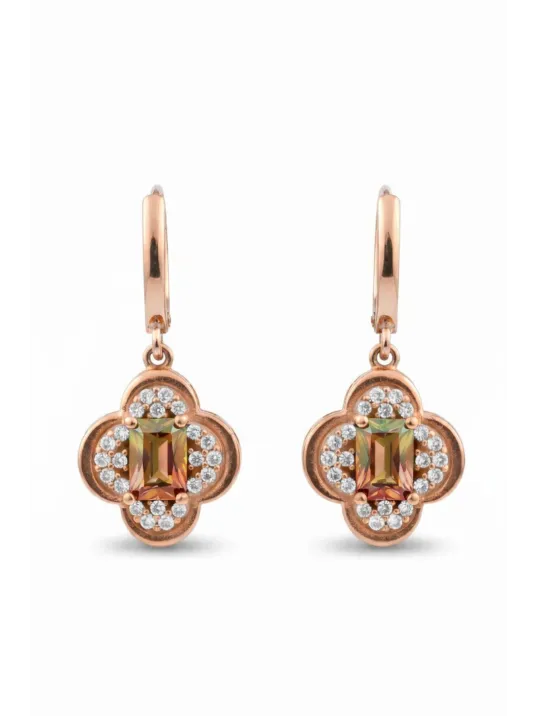 Kadın Gümüş Kolye Yüzük Küpe Set - Asalet Çiçeği Model Kare Zultanit Taşlı Rose Kaplama Set