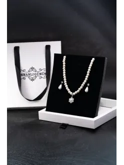 Kadın İnci Kolye Küpe Set - Margaret Model Çiçek Motifli Kadın İnci Set