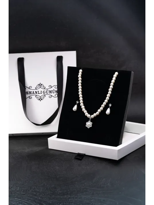 Kadın İnci Kolye Küpe Set - Margaret Model Çiçek Motifli Kadın İnci Set
