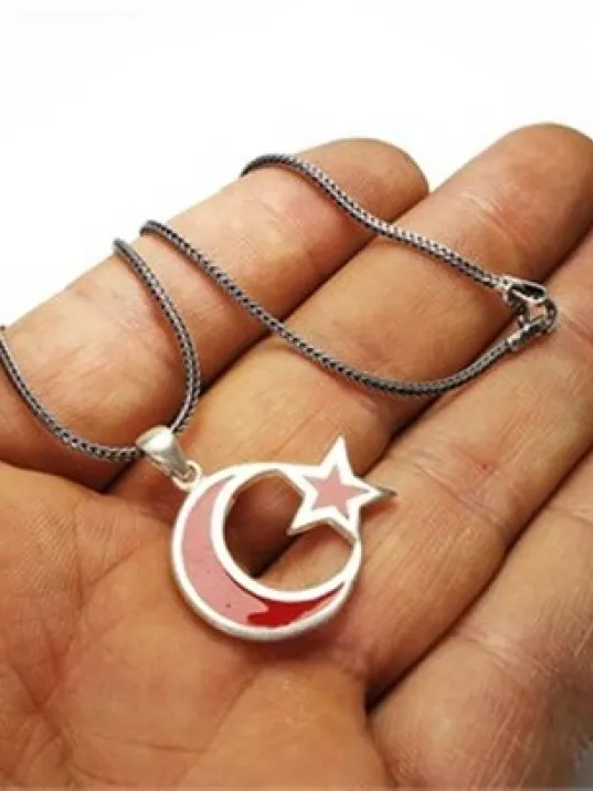 Ay Yıldız Türk Bayrağı Gümüş Erkek Kolye Zincir