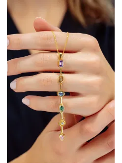 Kadın Renkli Taşlı Altın Kaplama Zarif 925 Ayar Gümüş Kolye