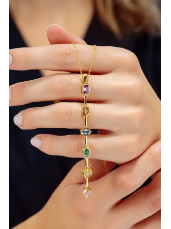 Kadın Renkli Taşlı Altın Kaplama Zarif 925 Ayar Gümüş Kolye