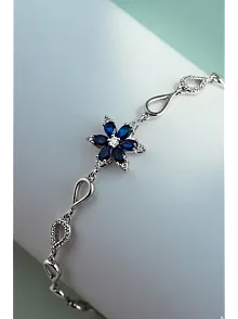 Kadın Gümüş Bileklik - Lacivert Doğal Safir Taşlı Nergis Model Damla Motifli Gümüş Bileklik