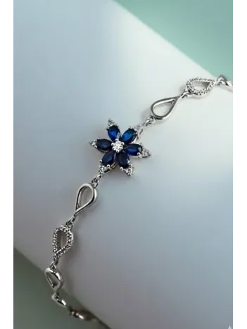 Kadın Gümüş Bileklik - Lacivert Doğal Safir Taşlı Nergis Model Damla Motifli Gümüş Bileklik