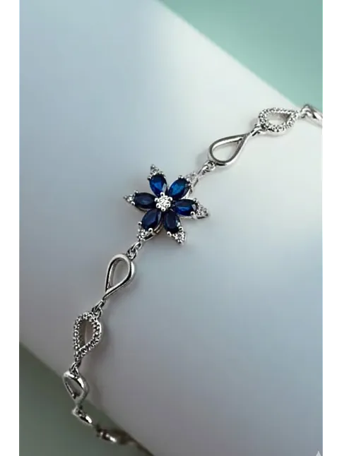Kadın Gümüş Bileklik - Lacivert Doğal Safir Taşlı Nergis Model Damla Motifli Gümüş Bileklik