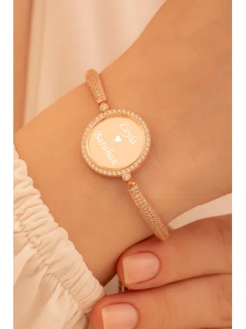 Kadın Gümüş Bileklik - Rose Kaplama İsim Yazılabilir Yuvarlak Plaka Asansörlü Kadın Bileklik