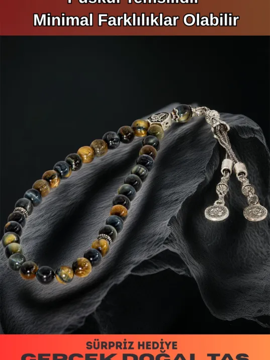 Erkek Doğal Taş Tespih - Doğal Karışık Renkli Kaplangözü Taşlı Ortaboy Tesbih