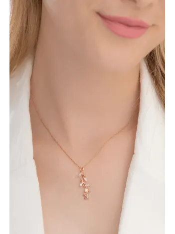 Baget Taşlı Yaprak Model Kadın Rose Gümüş Kolye Gklyprkmdl5-ros