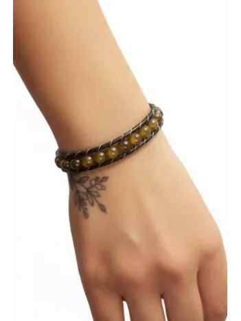 Kadın Kahverengi Akik Doğal Taş Deri Bileklik