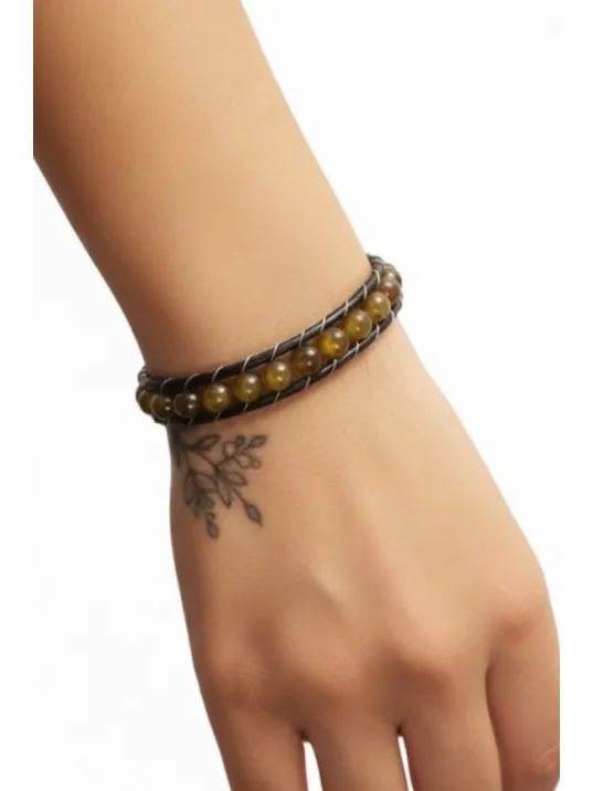 Kadın Kahverengi Akik Doğal Taş Deri Bileklik