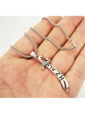 Hz.Ali Yazılı Gümüş Zülfikar Kılıcı Erkek Kolye Zincir Büyük Boy