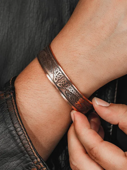 Erkek Bakır Bileklik - Viking Hayat Ağacı - YGGDRASİLL İskandinav Mitolojisi Erkek Kelepçe Bileklik